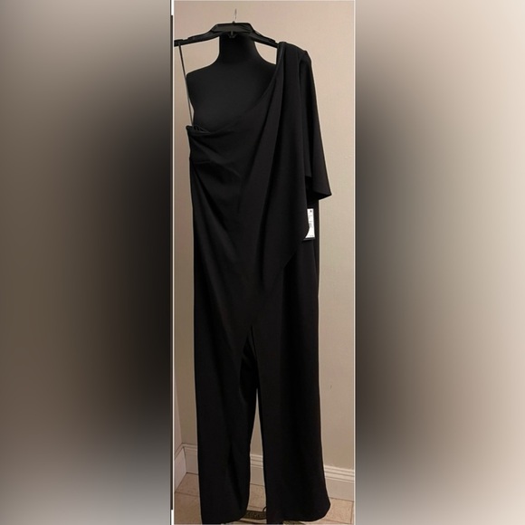 Adrianna Papell Black One-Shoulder Jumpsuit with Ruffled Sleeve - Picture 3 of 4